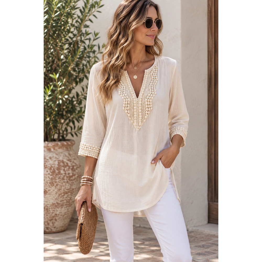 Boho Cottagecore Coquette Women's Tunic S Ivory 3/4 Sleeve Size Top Women V-neck